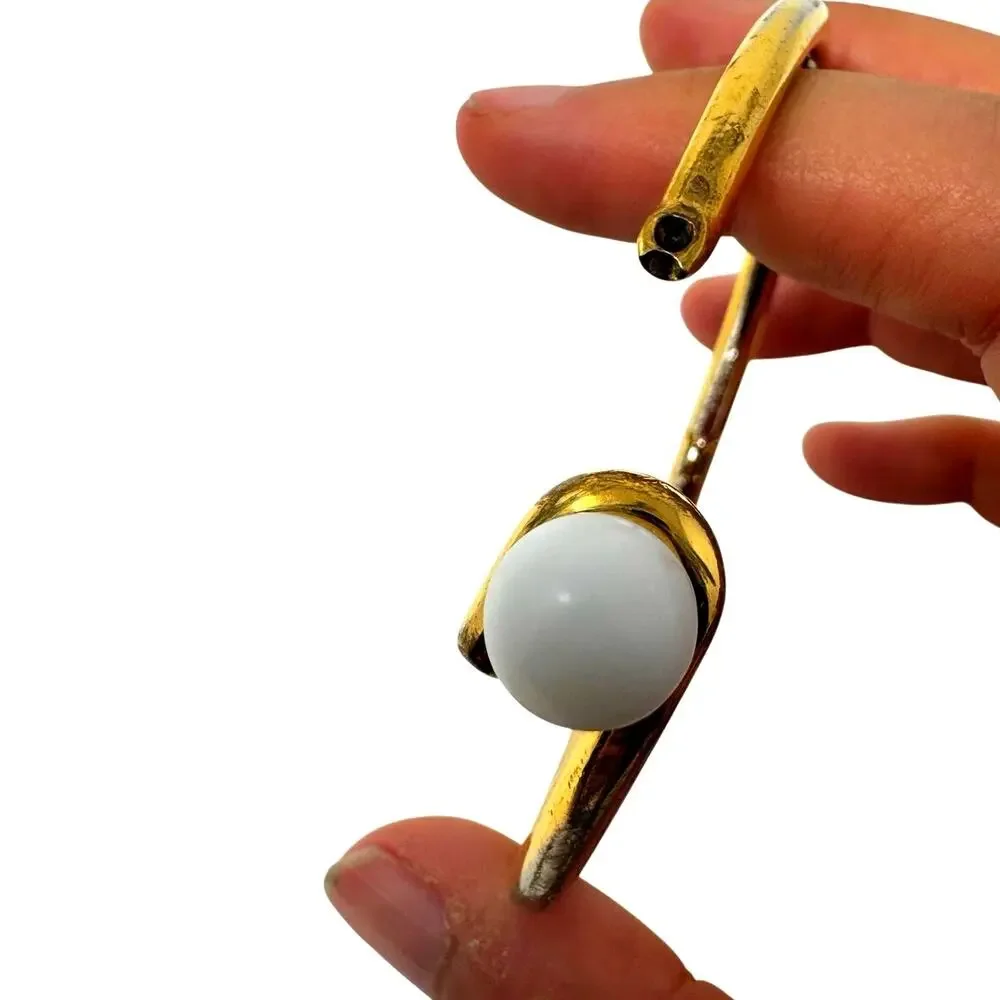 Celine Paris Vintage Gold Tone White Ball Hinged Bangle Bracelet Archive Italy